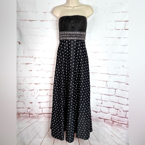 Jeweled Strapless Lace-Up Back Black and White Polka Dot Maxi Dress Size Small - Picture 10 of 16